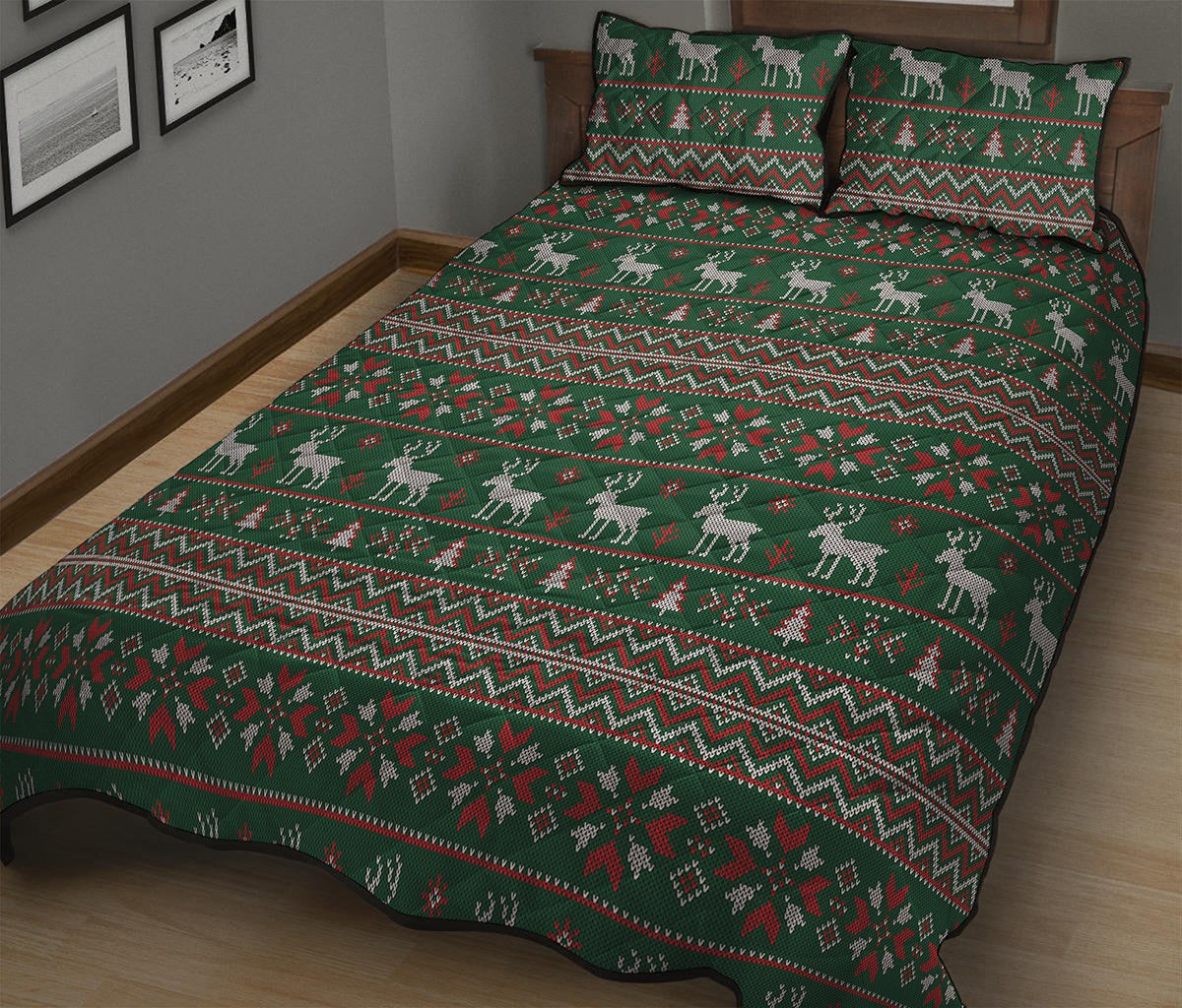 Christmas Holiday Knitted Pattern Print Quilt Bed Set