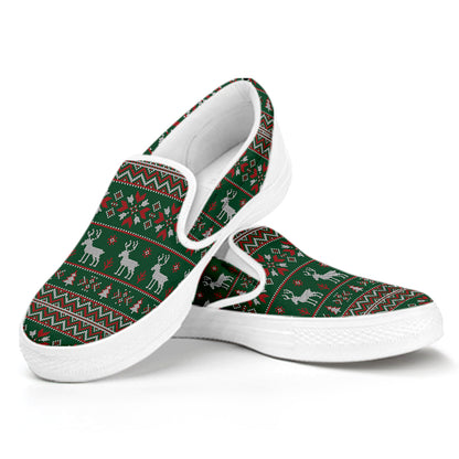 Christmas Holiday Knitted Pattern Print White Slip On Shoes
