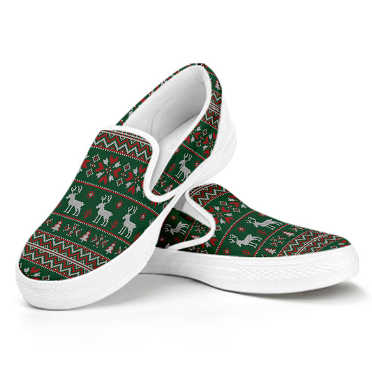 Christmas Holiday Knitted Pattern Print White Slip On Shoes
