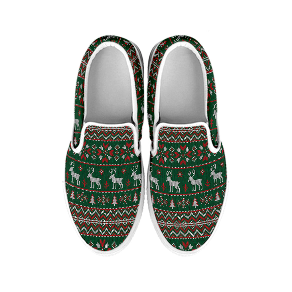 Christmas Holiday Knitted Pattern Print White Slip On Shoes