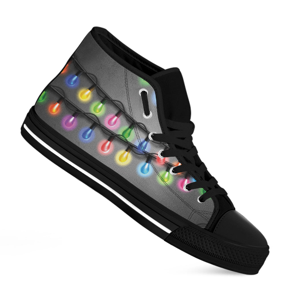 Christmas Holiday Lights Print Black High Top Shoes