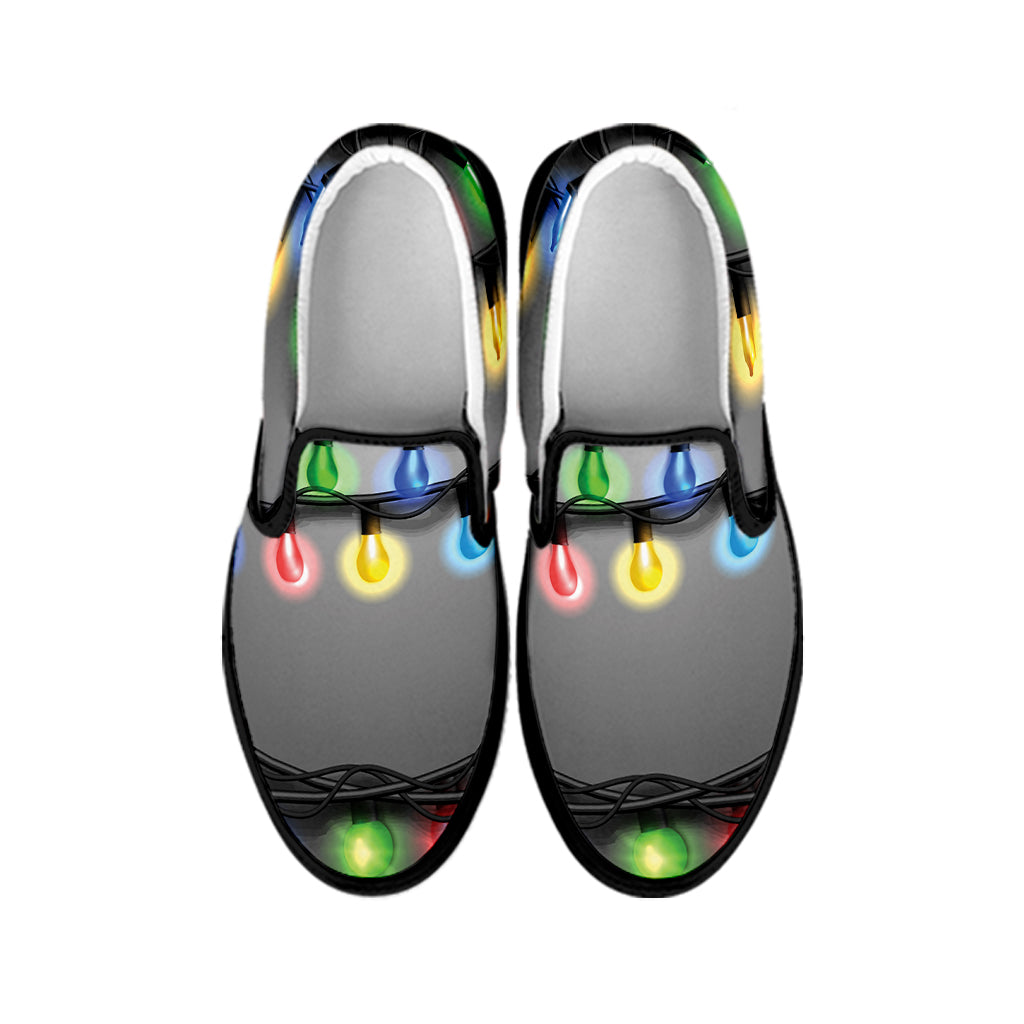 Christmas Holiday Lights Print Black Slip On Shoes