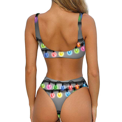 Christmas Holiday Lights Print Front Bow Tie Bikini