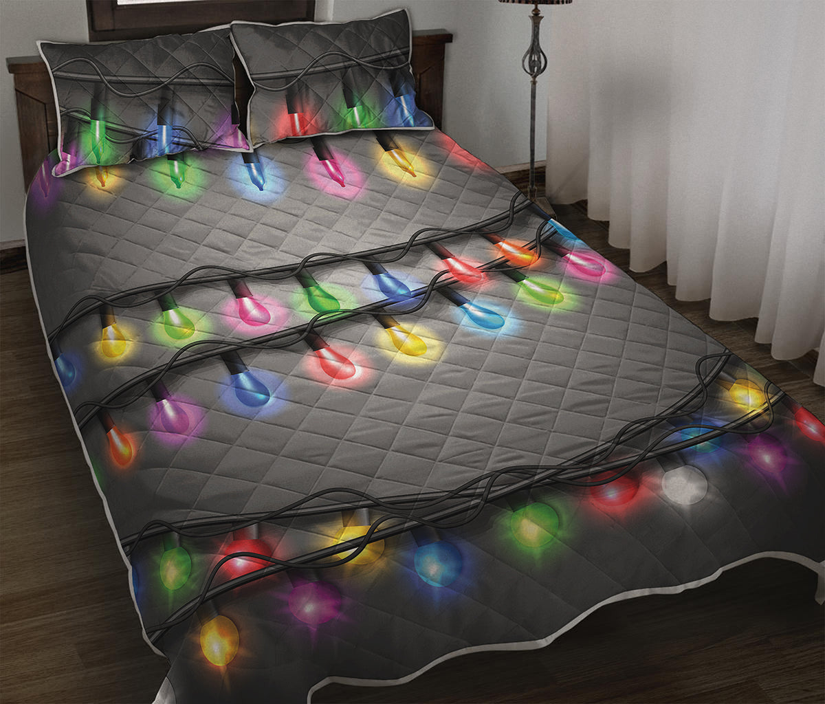 Christmas Holiday Lights Print Quilt Bed Set