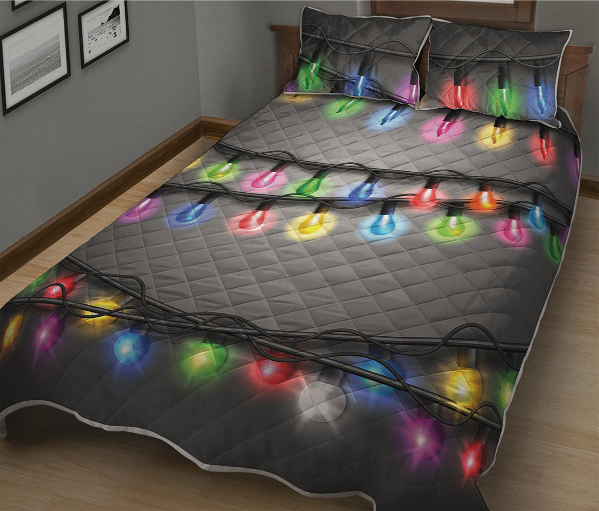 Christmas Holiday Lights Print Quilt Bed Set