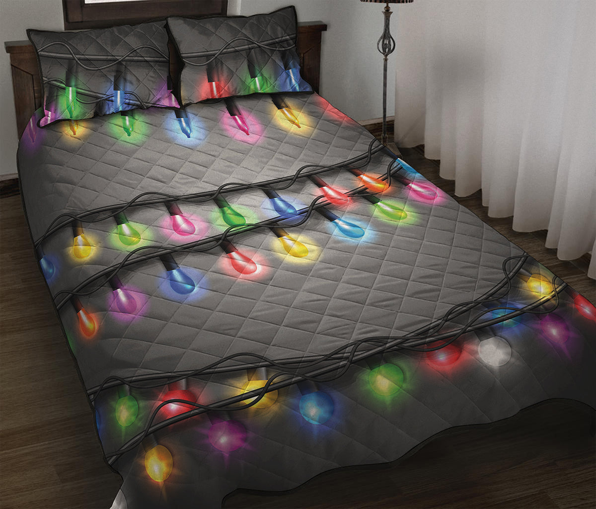 Christmas Holiday Lights Print Quilt Bed Set