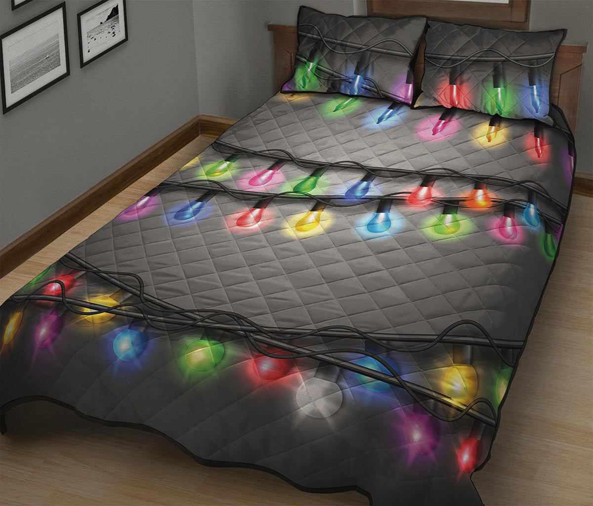 Christmas Holiday Lights Print Quilt Bed Set