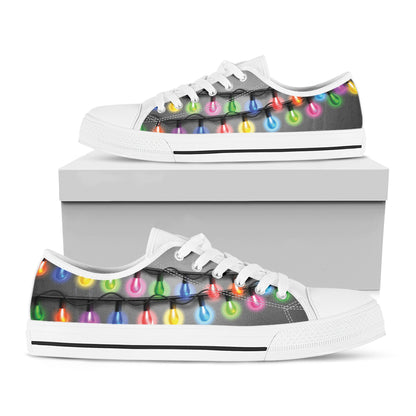Christmas Holiday Lights Print White Low Top Shoes
