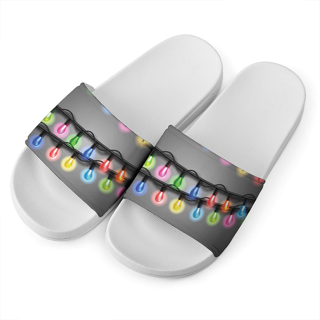 Christmas Holiday Lights Print White Slide Sandals