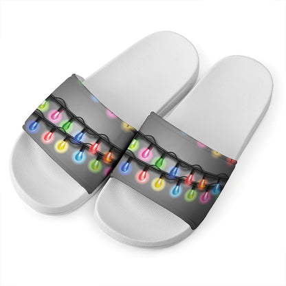 Christmas Holiday Lights Print White Slide Sandals