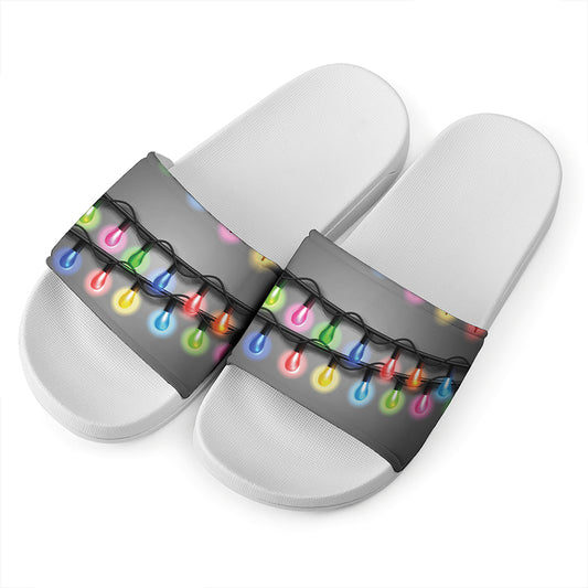 Christmas Holiday Lights Print White Slide Sandals