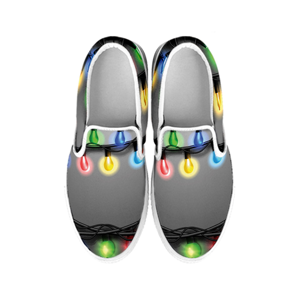 Christmas Holiday Lights Print White Slip On Shoes