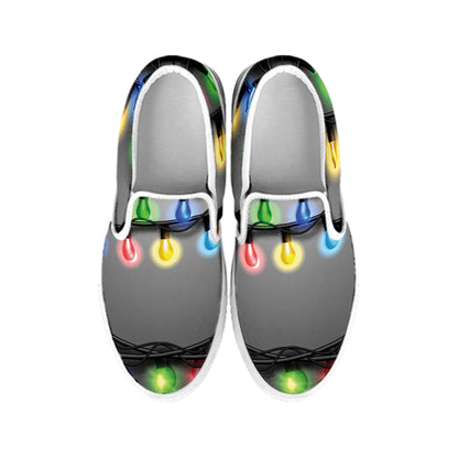 Christmas Holiday Lights Print White Slip On Shoes