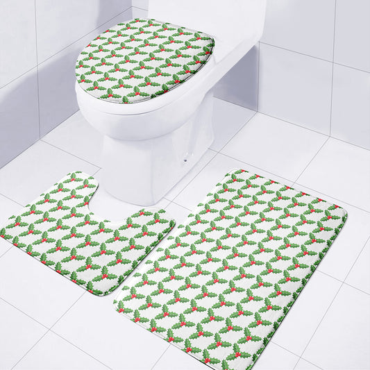 Christmas Holly Berry Pattern Print 3 Piece Bath Mat Set