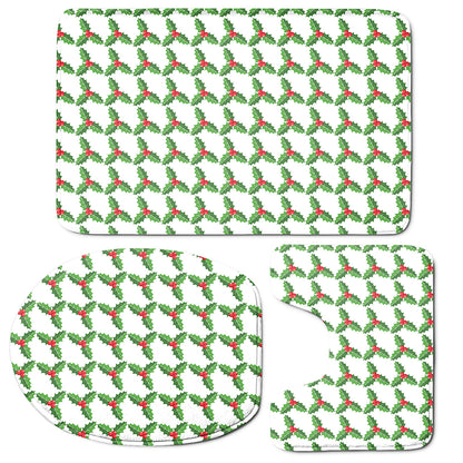 Christmas Holly Berry Pattern Print 3 Piece Bath Mat Set