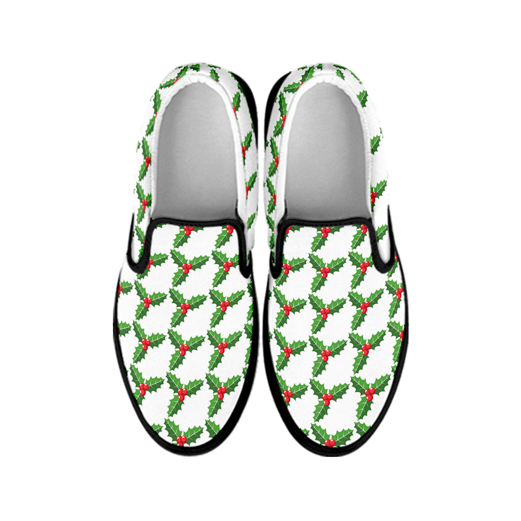 Christmas Holly Berry Pattern Print Black Slip On Shoes