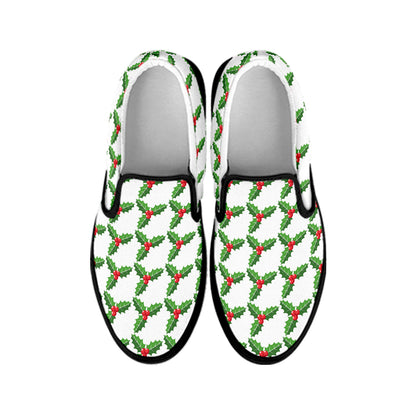 Christmas Holly Berry Pattern Print Black Slip On Shoes