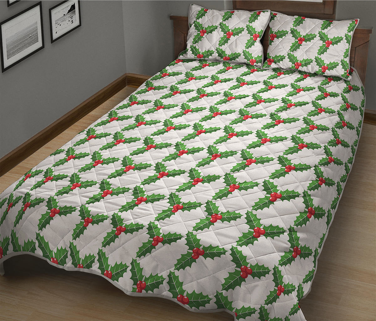 Christmas Holly Berry Pattern Print Quilt Bed Set