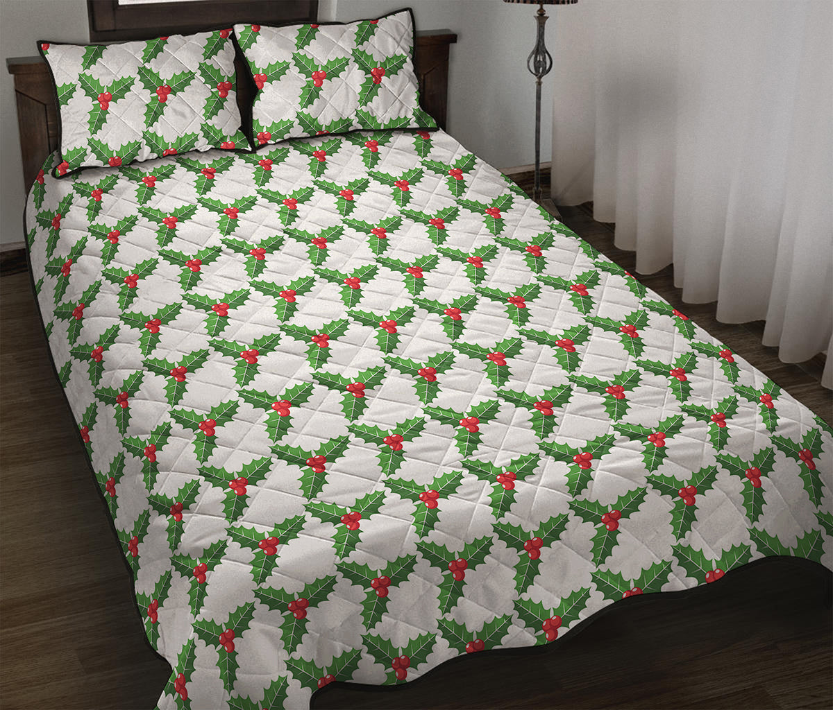 Christmas Holly Berry Pattern Print Quilt Bed Set