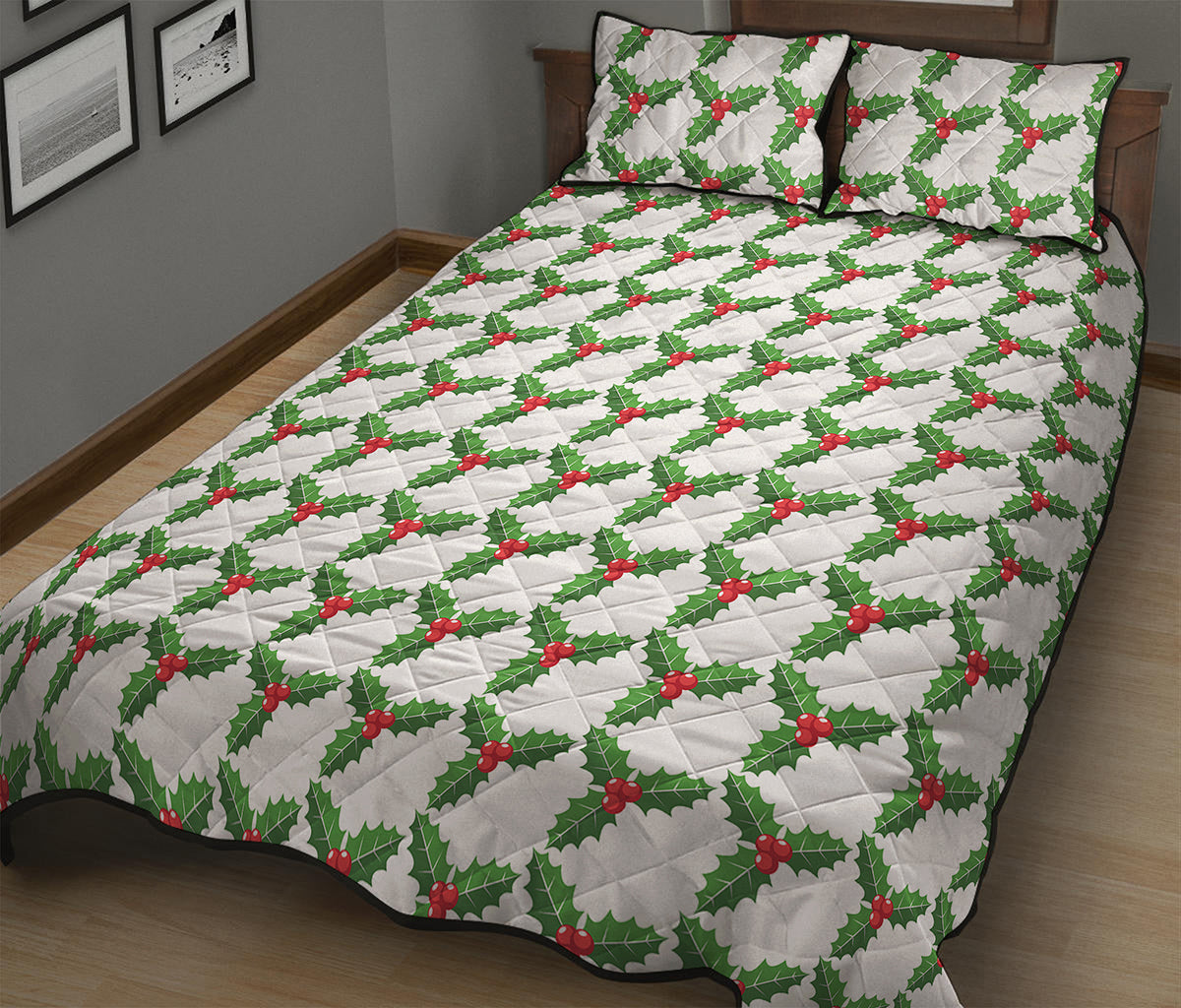 Christmas Holly Berry Pattern Print Quilt Bed Set