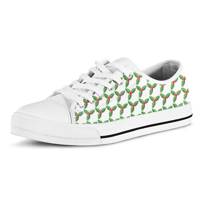 Christmas Holly Berry Pattern Print White Low Top Shoes