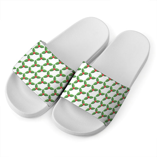 Christmas Holly Berry Pattern Print White Slide Sandals