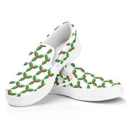 Christmas Holly Berry Pattern Print White Slip On Shoes