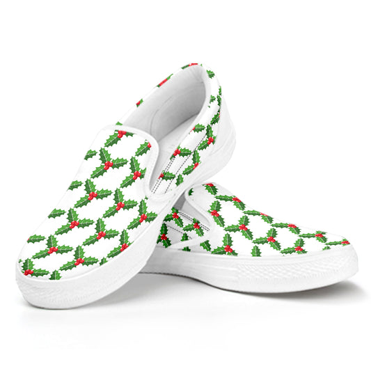 Christmas Holly Berry Pattern Print White Slip On Shoes