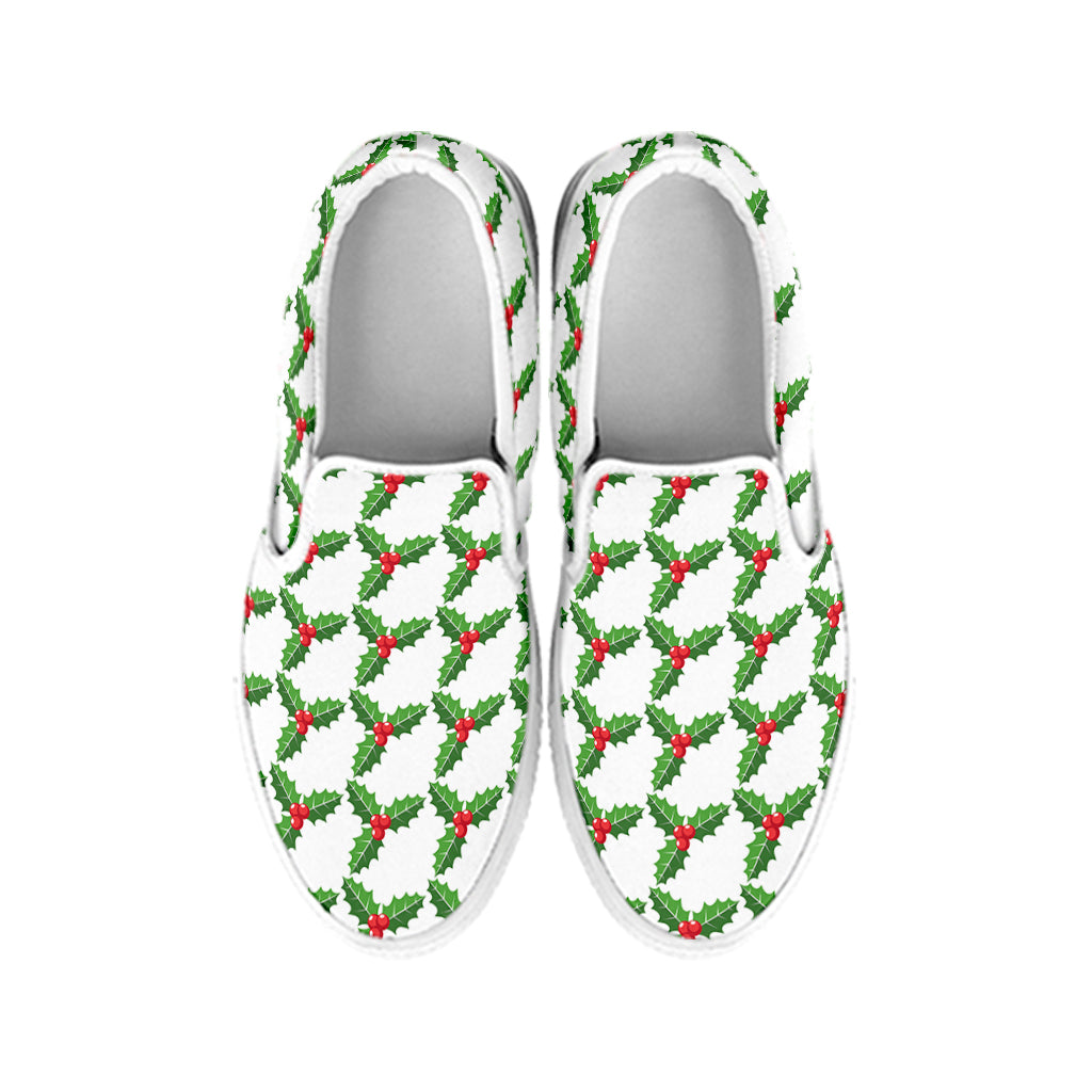 Christmas Holly Berry Pattern Print White Slip On Shoes