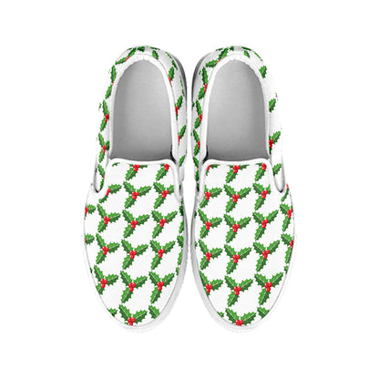 Christmas Holly Berry Pattern Print White Slip On Shoes