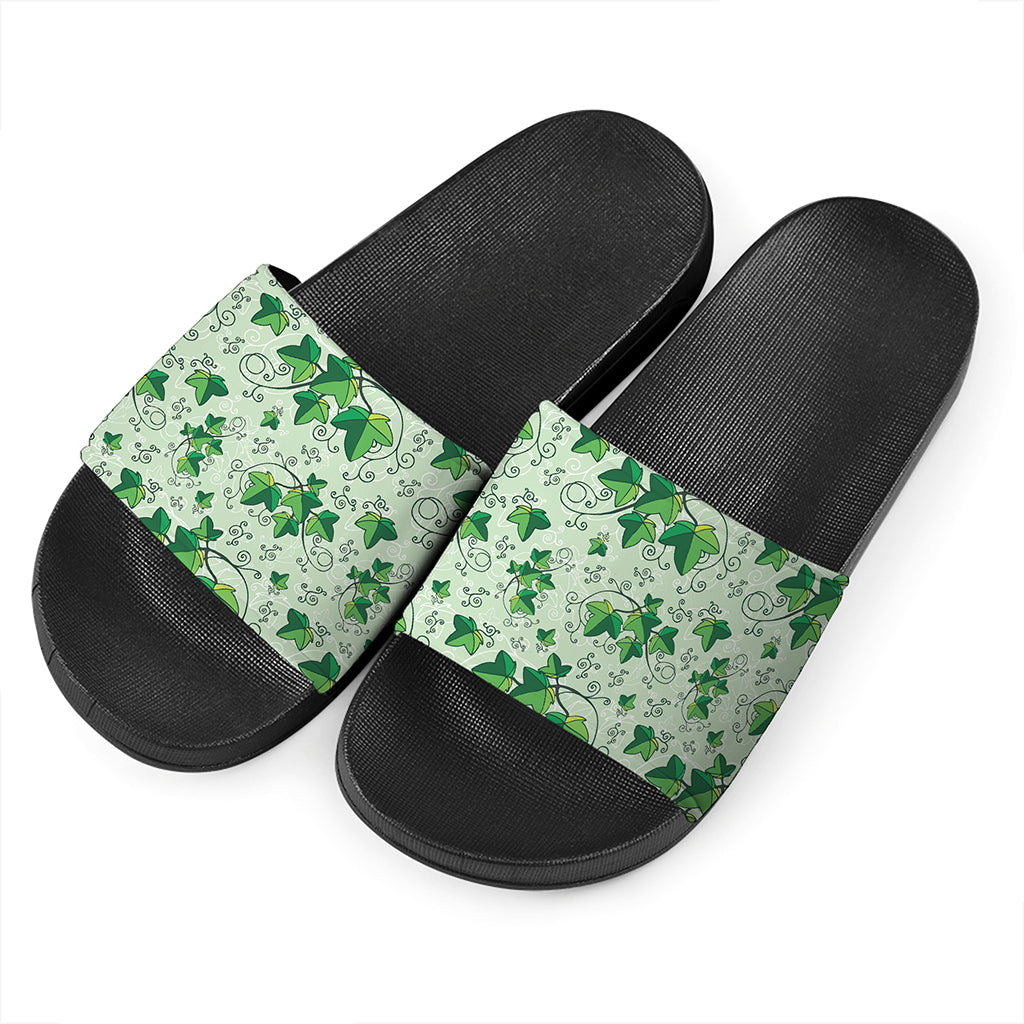 Christmas Ivy Leaf Pattern Print Black Slide Sandals