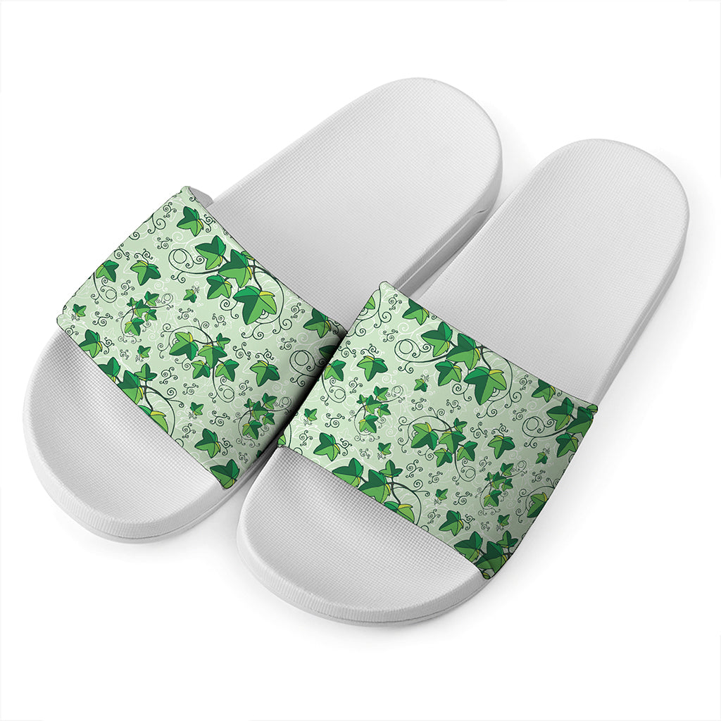 Christmas Ivy Leaf Pattern Print White Slide Sandals