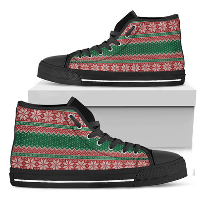 Christmas Knitted Pattern Print Black High Top Shoes