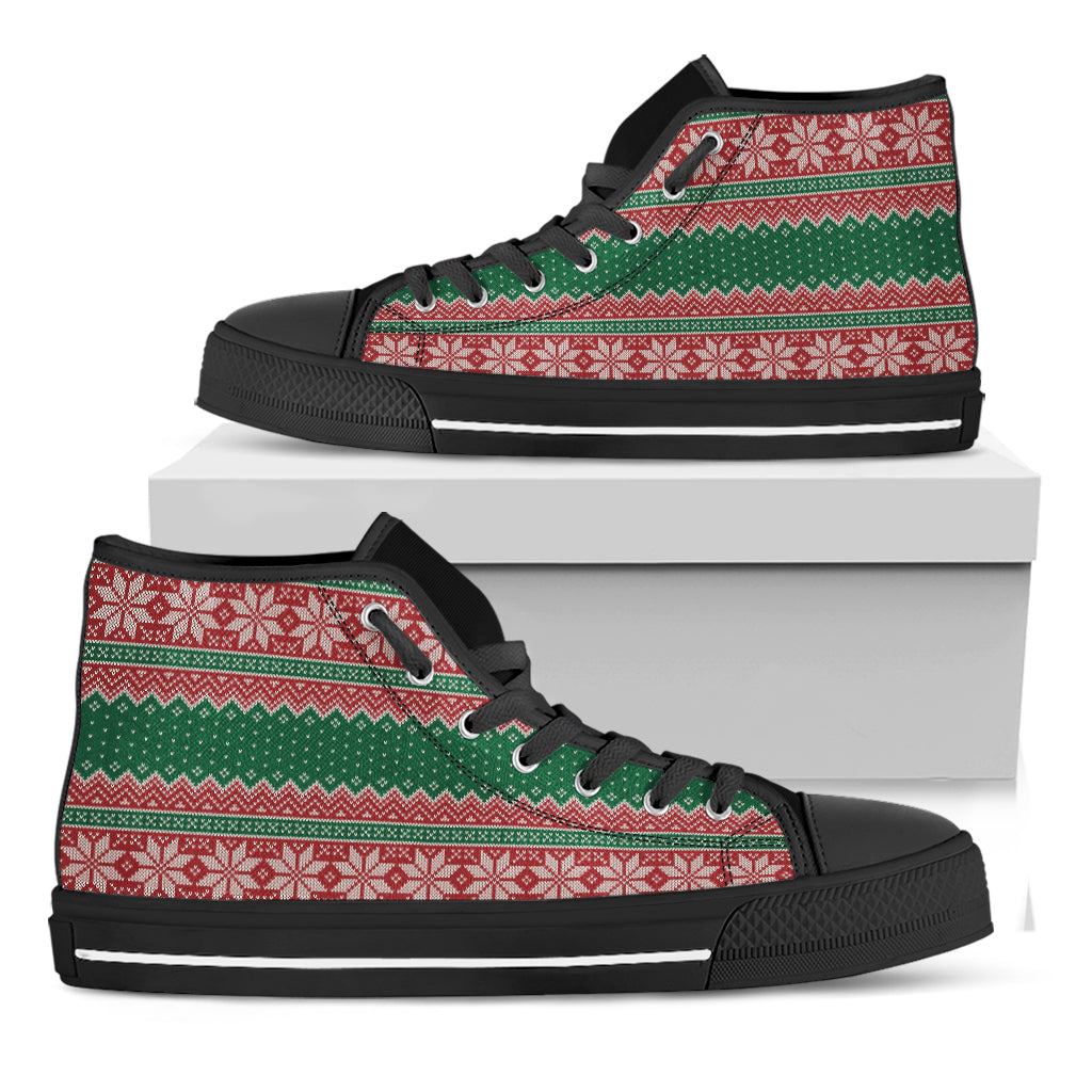 Christmas Knitted Pattern Print Black High Top Shoes