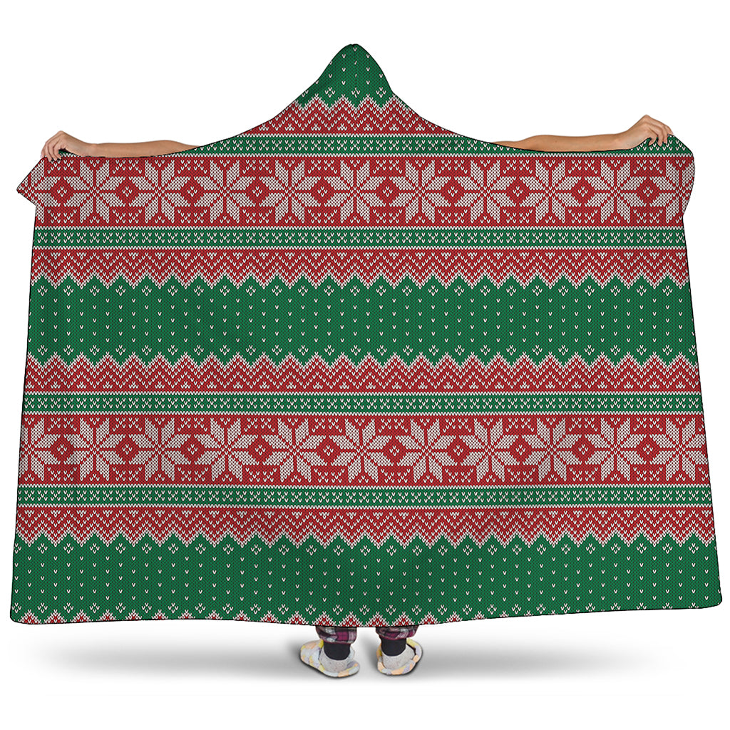 Christmas Knitted Pattern Print Hooded Blanket
