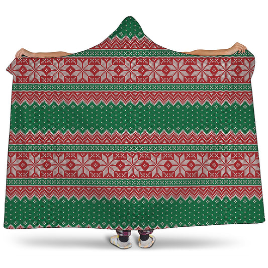 Christmas Knitted Pattern Print Hooded Blanket