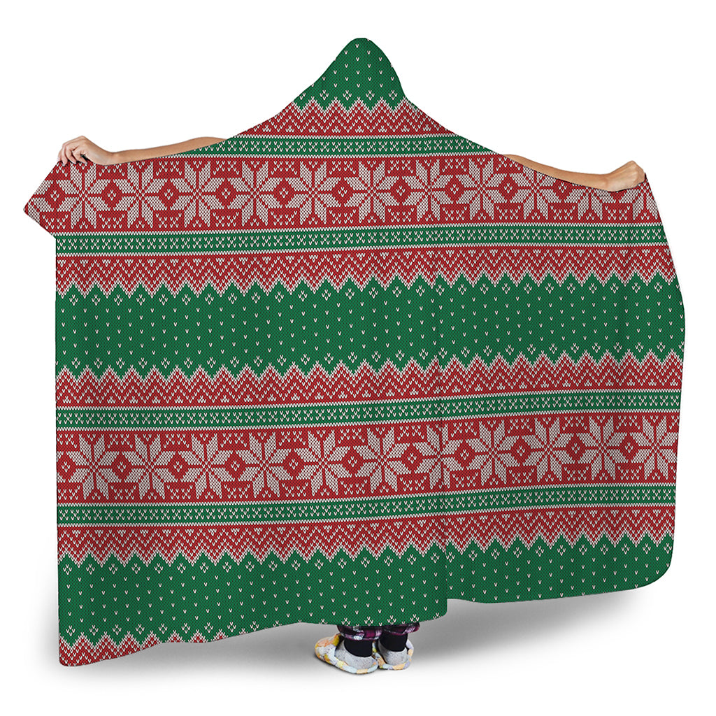 Christmas Knitted Pattern Print Hooded Blanket