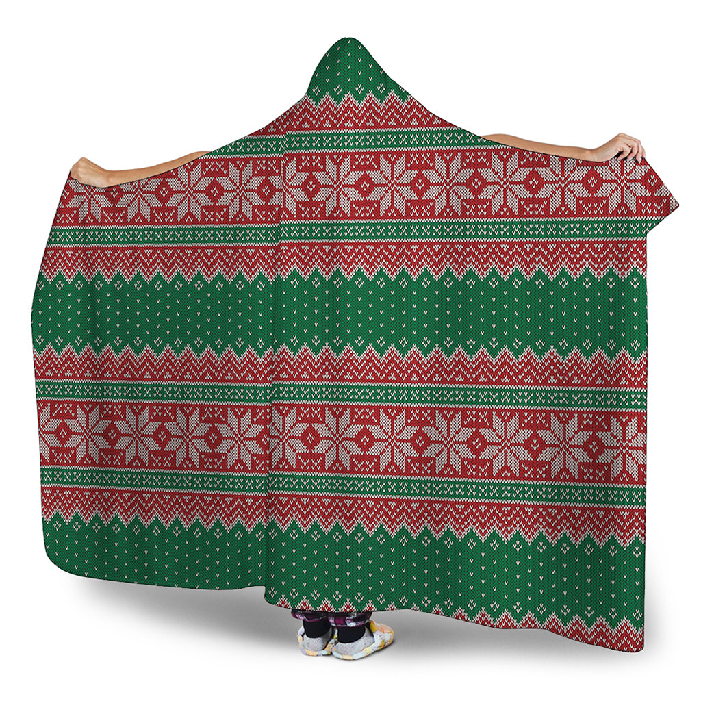 Christmas Knitted Pattern Print Hooded Blanket