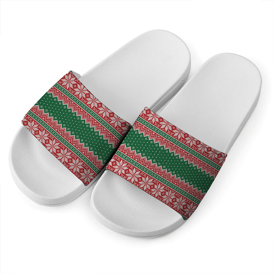 Christmas Knitted Pattern Print White Slide Sandals