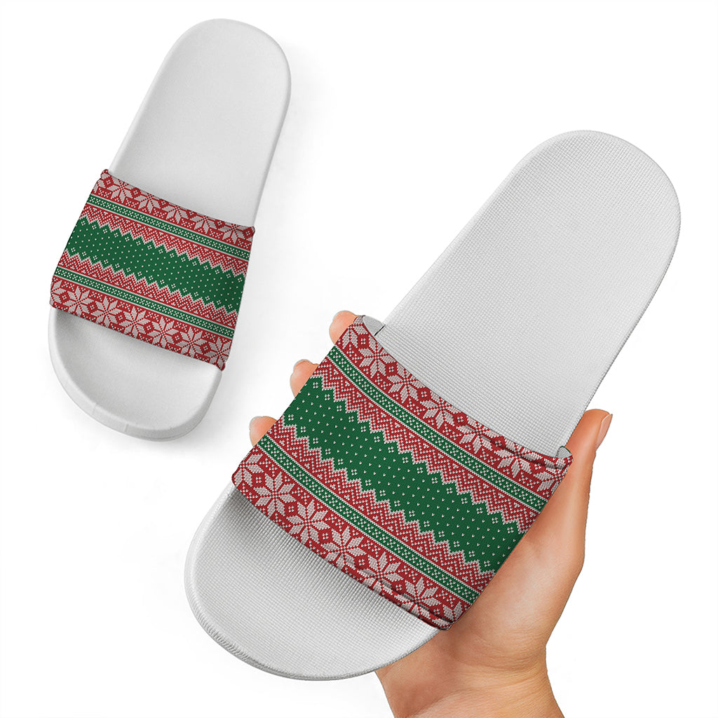 Christmas Knitted Pattern Print White Slide Sandals