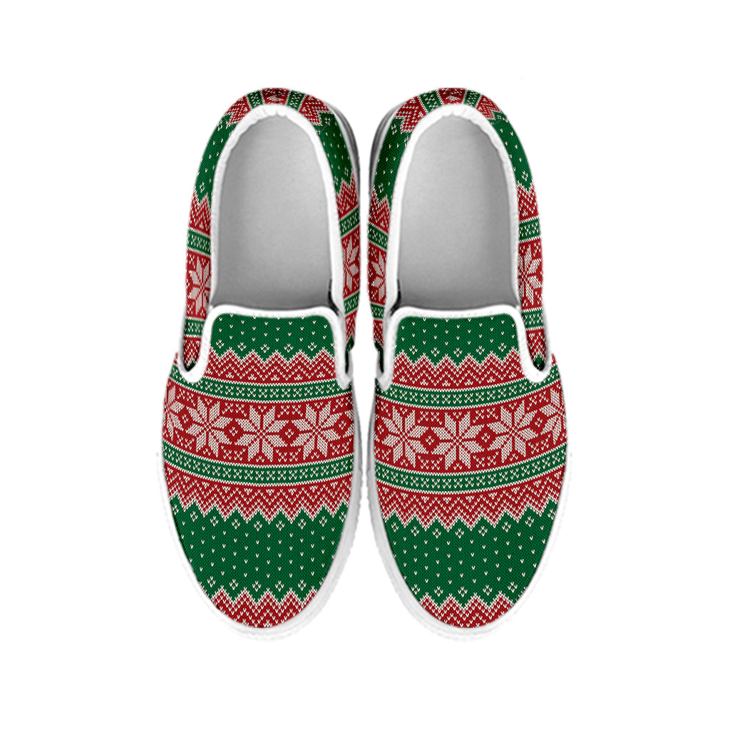 Christmas Knitted Pattern Print White Slip On Shoes