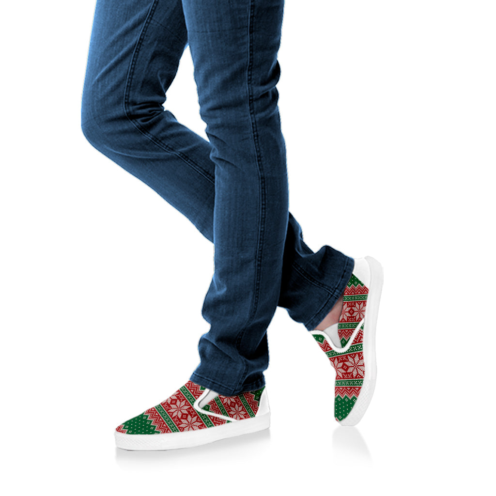 Christmas Knitted Pattern Print White Slip On Shoes