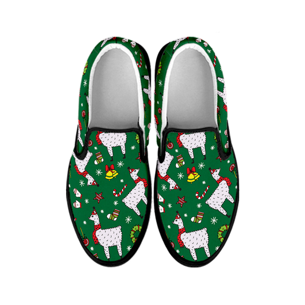 Christmas Llama Pattern Print Black Slip On Shoes