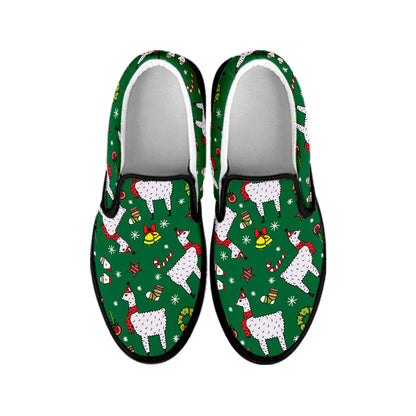 Christmas Llama Pattern Print Black Slip On Shoes