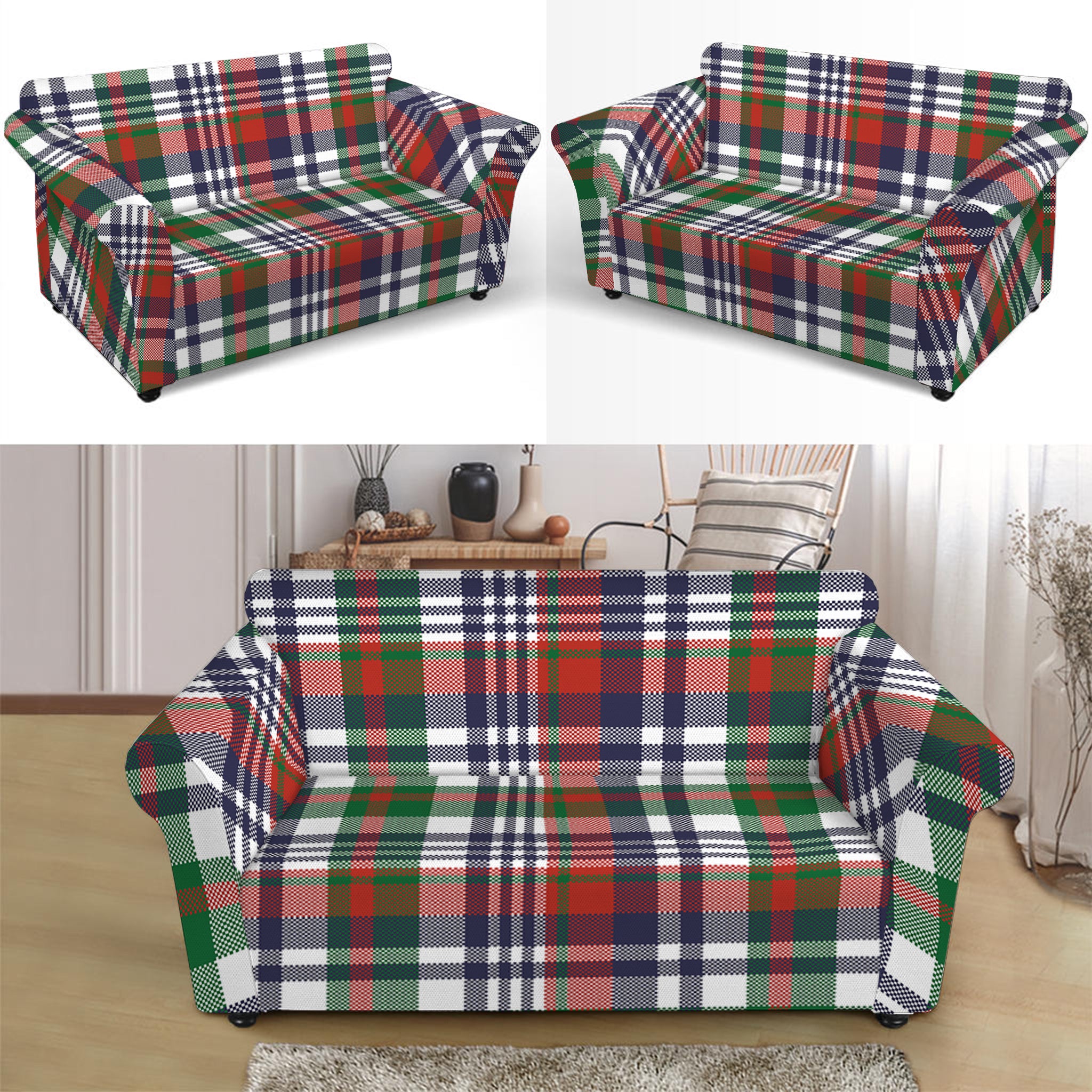 Christmas Madras Plaid Print Loveseat Slipcover