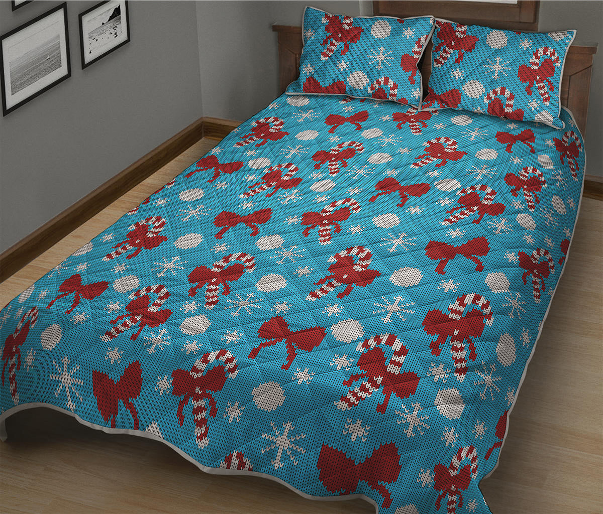 Christmas Party Knitted Pattern Print Quilt Bed Set