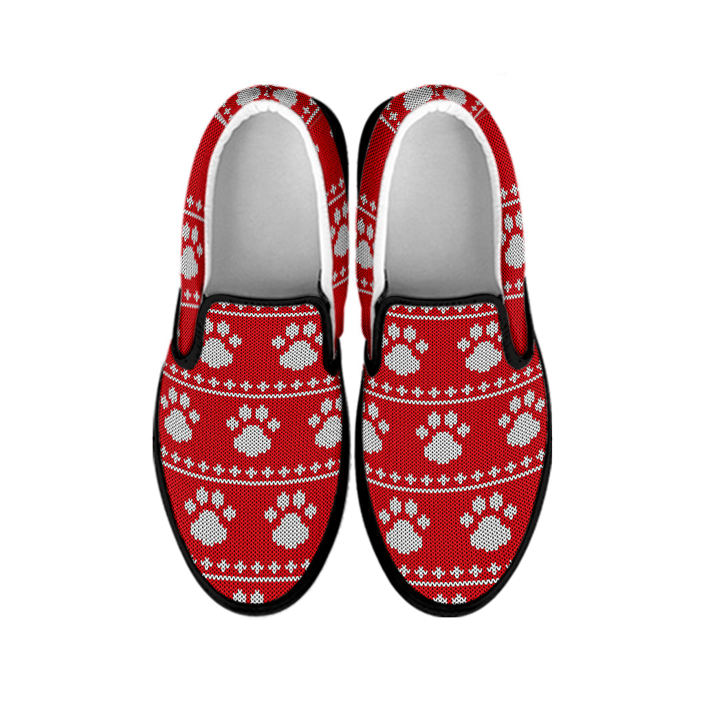Christmas Paw Knitted Pattern Print Black Slip On Shoes