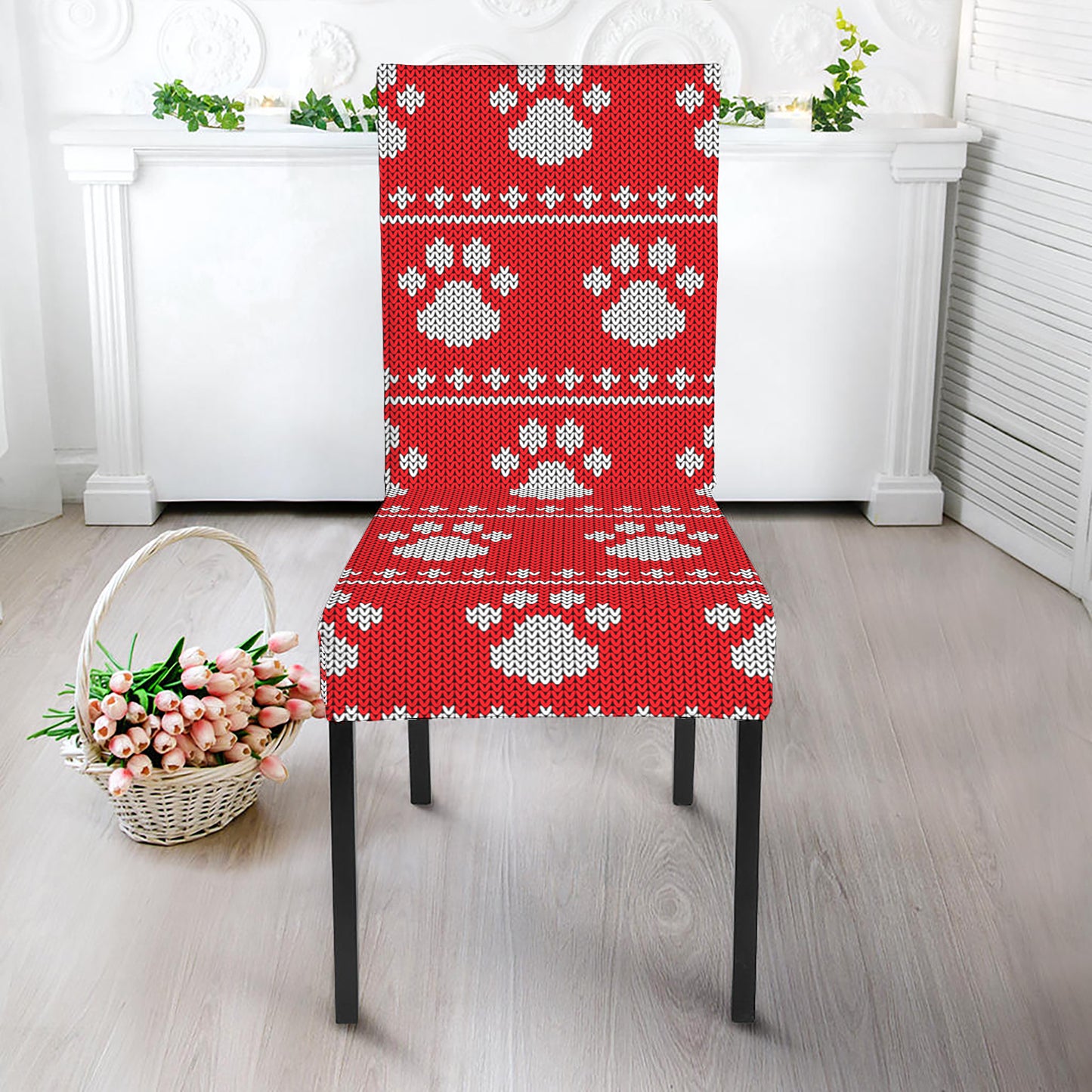 Christmas Paw Knitted Pattern Print Dining Chair Slipcover