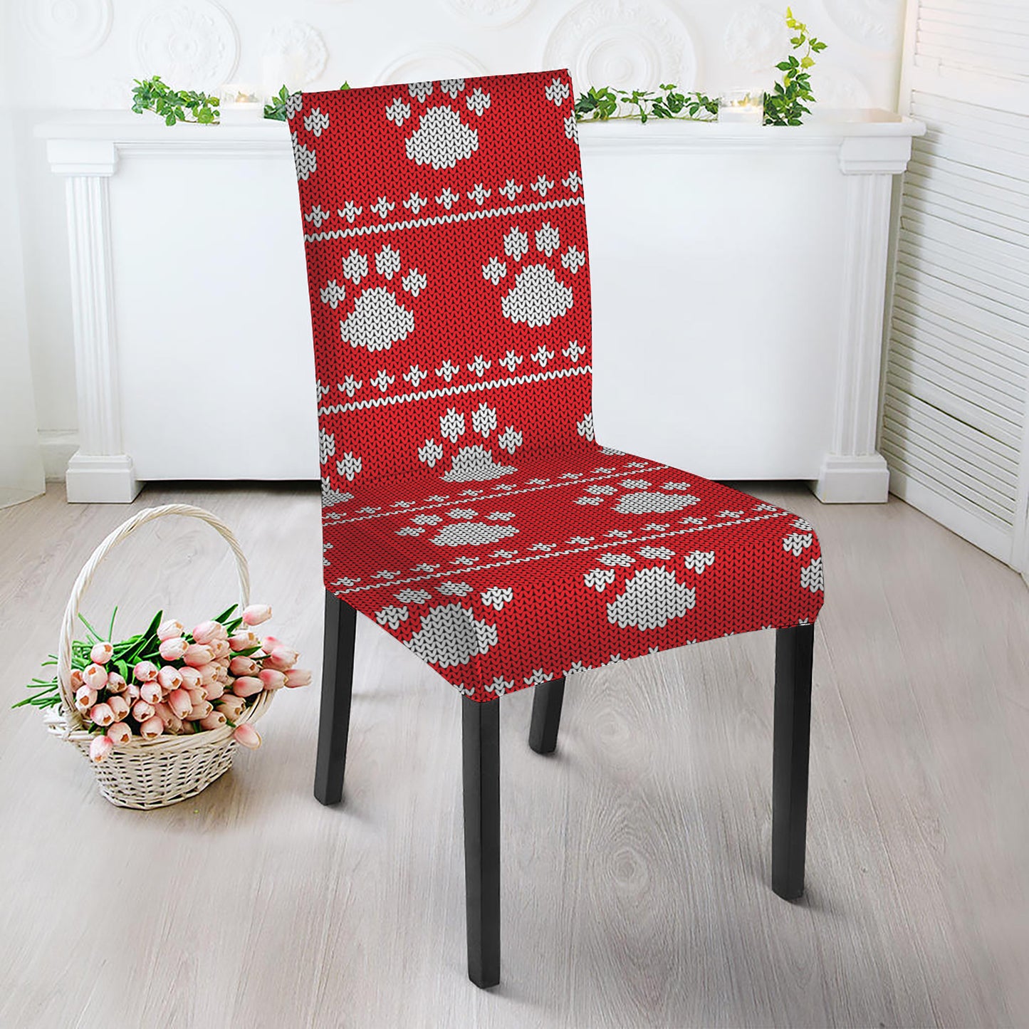 Christmas Paw Knitted Pattern Print Dining Chair Slipcover