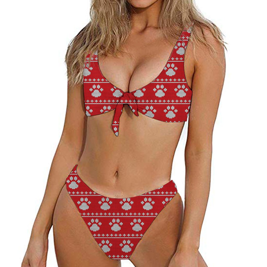 Christmas Paw Knitted Pattern Print Front Bow Tie Bikini
